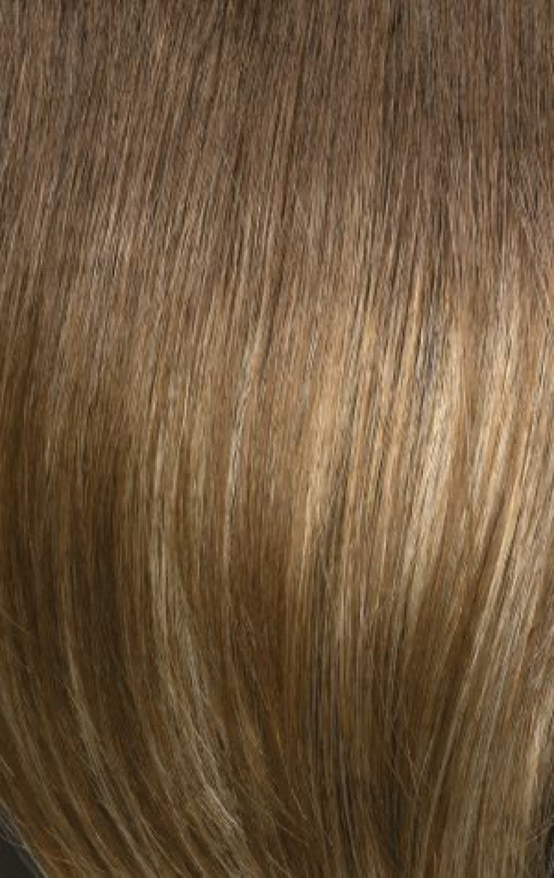 Light golden brown with light blonde and gold blonde highlights and medium brown roots