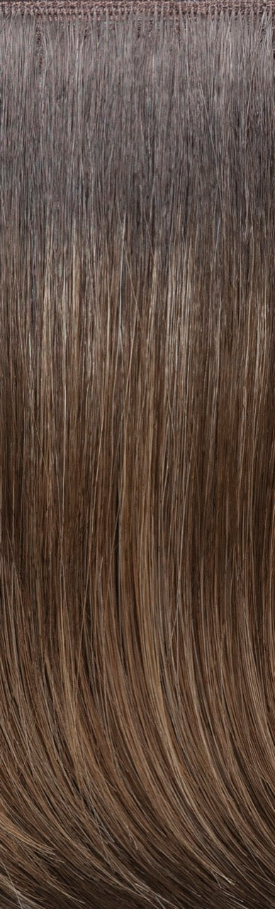 Chocolate brown with caramel highlights and medium dark brown roots