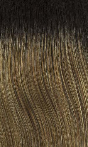 Medium brown with strawberry &amp; gold blonde highlights and medium dark brown roots