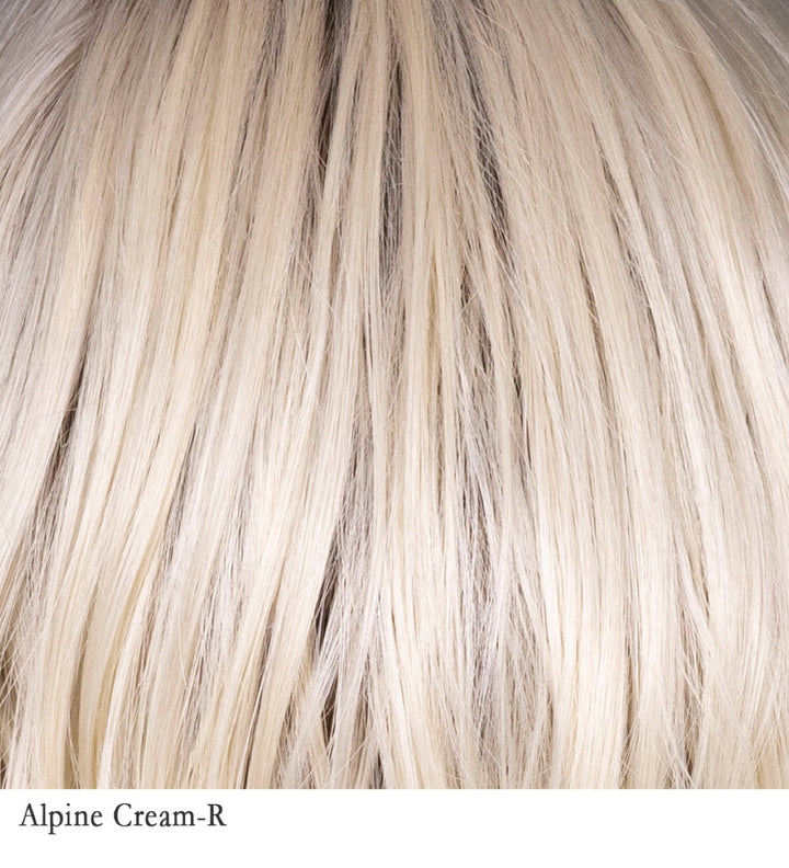 Alpine Cream-R 16/88/102/18W | A light, icy blonde shade with a cool, creamy base softened by hints of pale beige for a natural yet luminous look. The rooted effect features a combination of medium and light brown, mixed with dark blonde, a light ash blonde, and neutral blonde, creating a natural-looking roots that melt seamlessly into the frosty cream lengths. This combination adds depth, dimension, and a softly grown-out appearance, reminiscent of fresh alpine snow touched by winter sunlight.