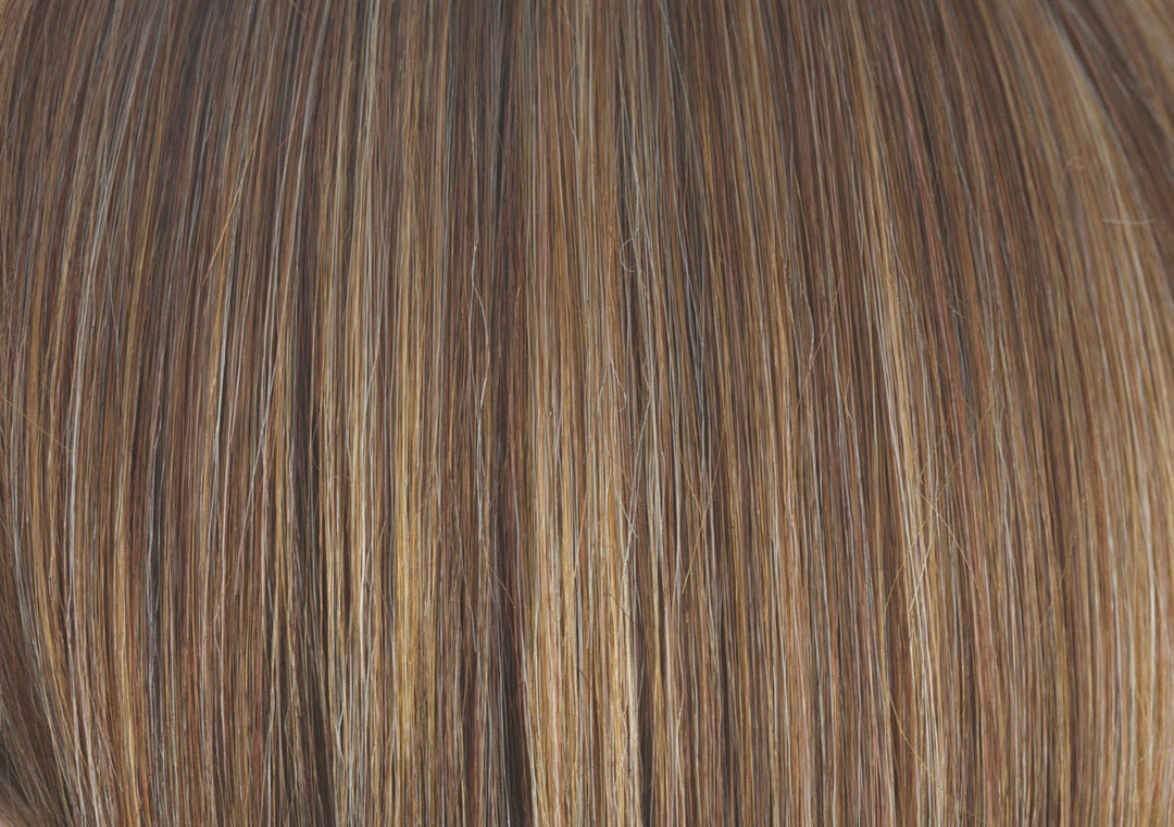Almond Rocka | Dark Golden Brown base color with Strawberry Blonde and Bright Cooper 50/50 blended highlights | Base: 8 HL: 140 and a shade darker than 27B