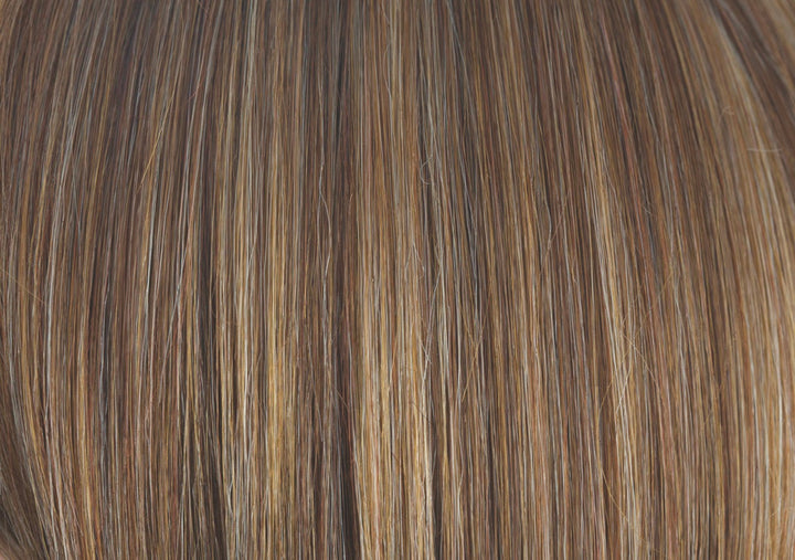 Almond Rocka | Dark Golden Brown base color with Strawberry Blonde and Bright Cooper 50/50 blended highlights | Base: 8 HL: 140 and a shade darker than 27B