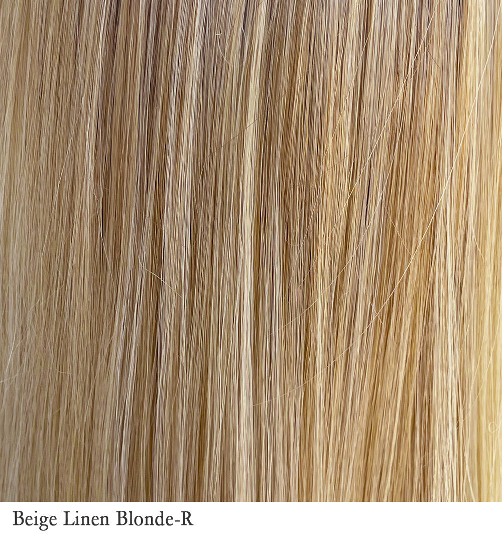 Beige Linen Blonde-R 16/22/613+8 | Neutral beige color blonde mixed with medium and dark blonde, highlighted using ash blonde with medium brown root color.