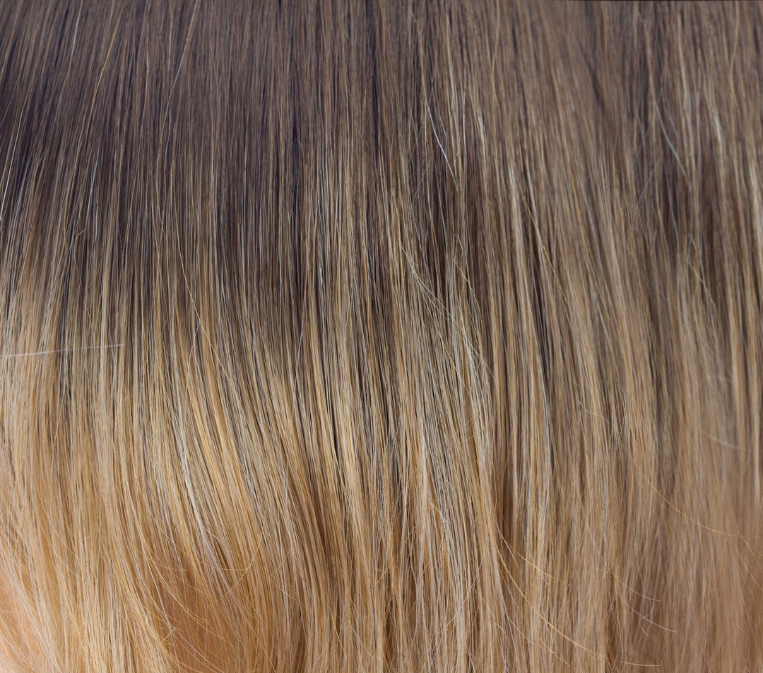 Banana Split-LR | This is our most dramatic LR. The color shift is a bit more dramatic, but still universally wearable. The base is a slightly warmer brown that quickly shifts to a light golden blonde. I would best describe this color as a heavily rooted blonde. | Root: 30 Ends: 613/27C