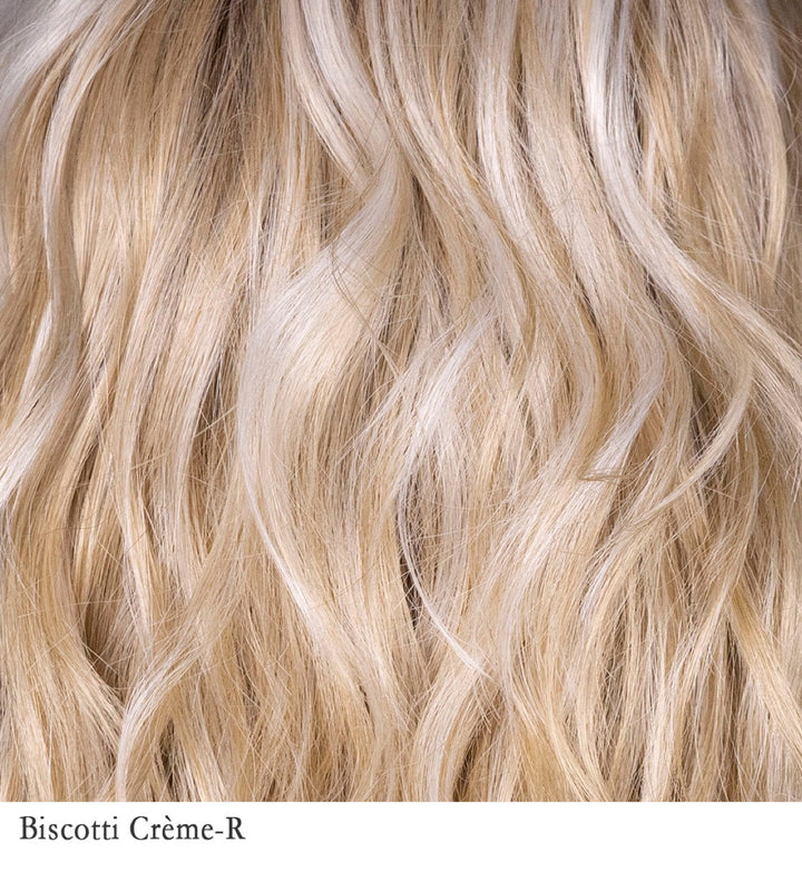 Biscotti Crème-R 24/101HS6 | Biscotti Crème Rooted is a soft, dimensional blonde shade that blends warm, golden-beige tones with light, creamy highlights for a sunlit, natural look. The “rooted” hair starts with a combination of medium brown, light brown, and dark blonde, natural-looking roots, before gradually transitioning into the warm and neutral biscotti base and creamy blonde accents. The overall effect is sophisticated, low-maintenance, and gives the illusion of natural hair growth.