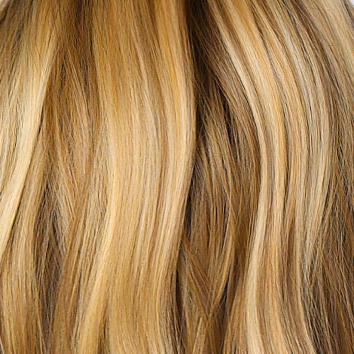 Bronzed Honey-R | A perfect blend of rich, warm golden blond and medium chocolate brown tones, complemented by a dark chocolate root that adds a luxurious, dimensional effect.