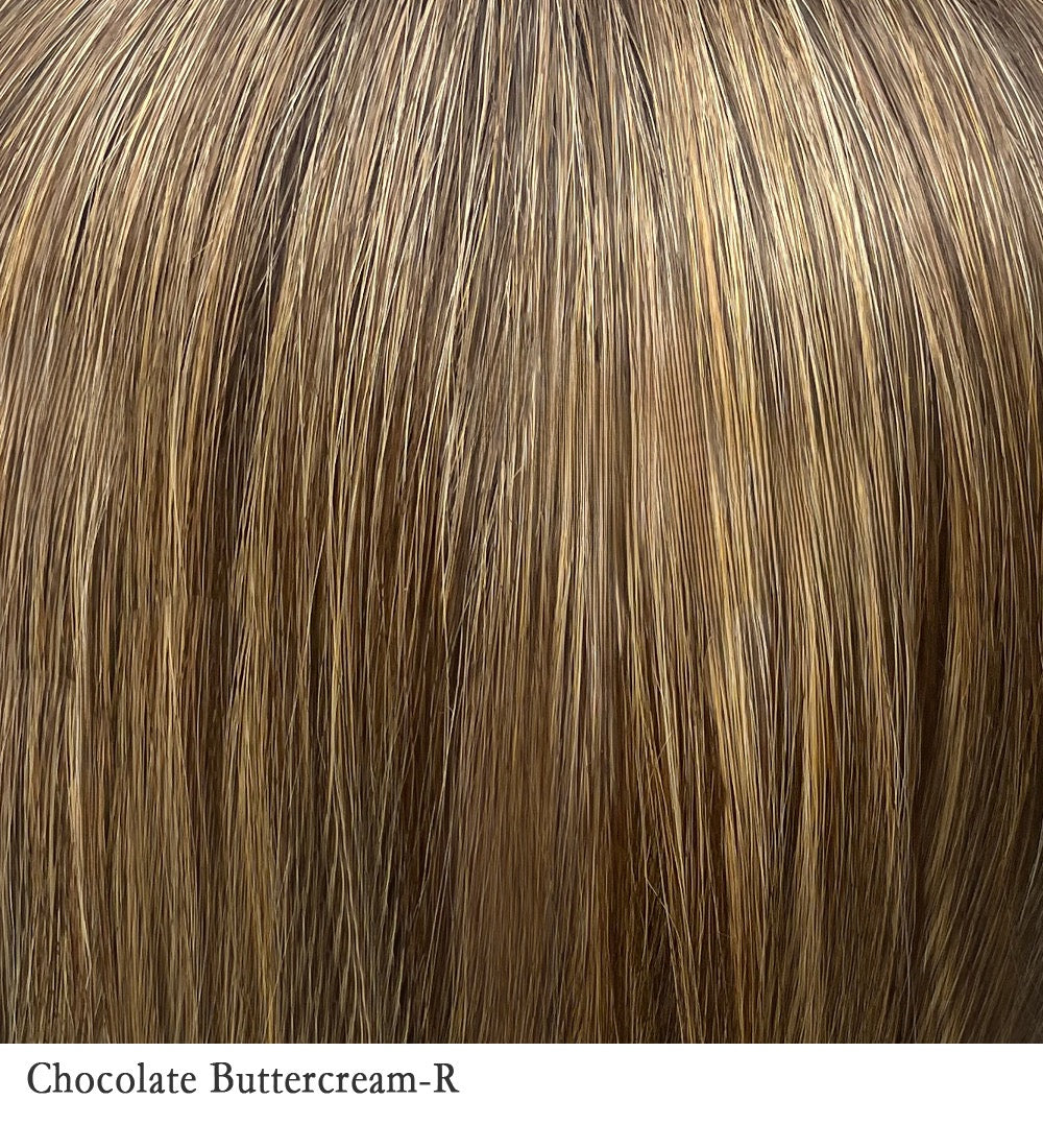 Chocolate Buttercream-R 8/25+4 | Medium and dark brown rooted, blend of medium brown, dark blonde and low lights of dark and medium brown root.