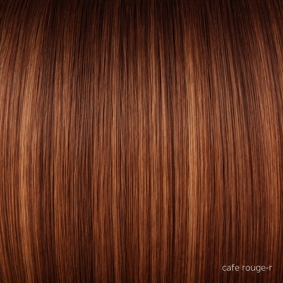 Café Rouge-R | A dimensional auburn copper blend with rich reddish-brown roots melting into warm copper highlights. Sun-kissed, balayage-inspired ends and face-framing pieces create natural, radiant depth.