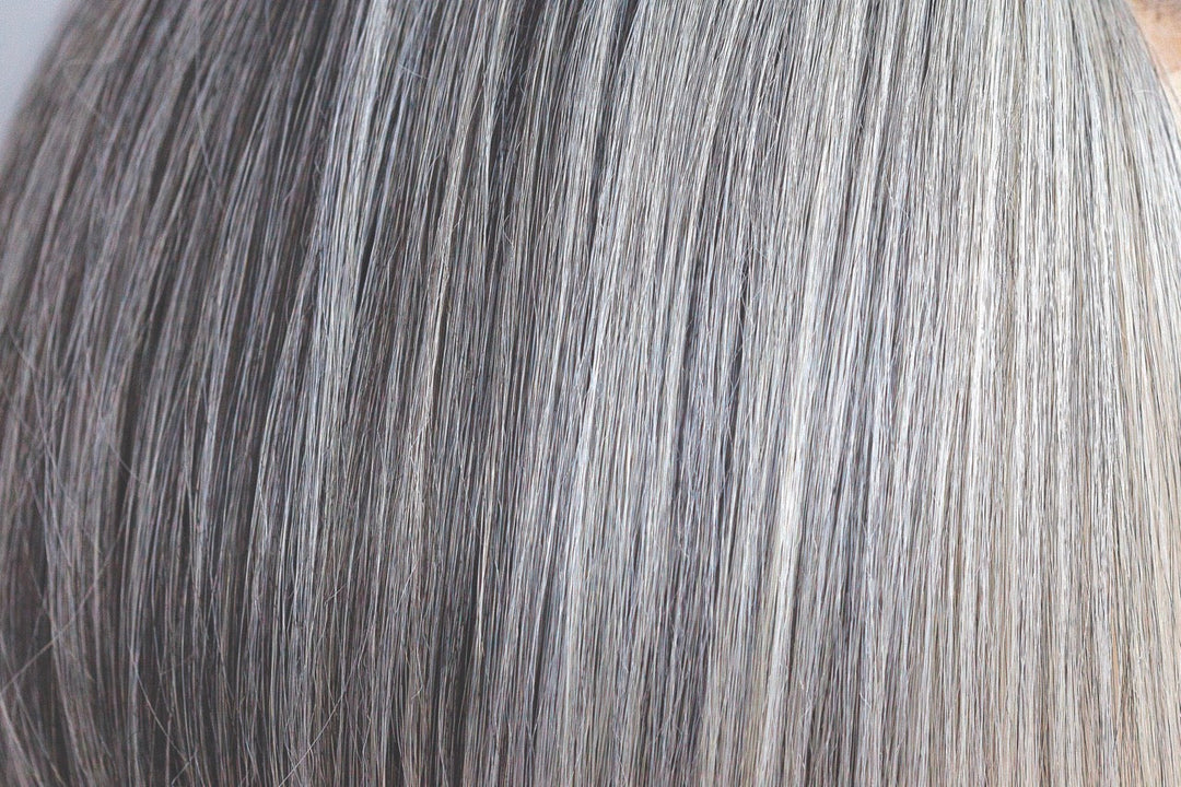 Canyon Stone | Dark brown and grey bang with salt and pepper nape