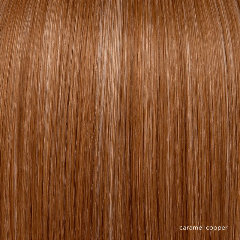 Caramel Copper | Caramel Copper is a radiant, one‑tone caramel copper shade enhanced with ultra‑fine cream blonde highlights to add definition and texture throughout. The delicate highlights are seamlessly blended, creating dimension and movement while maintaining a smooth, cohesive color story.