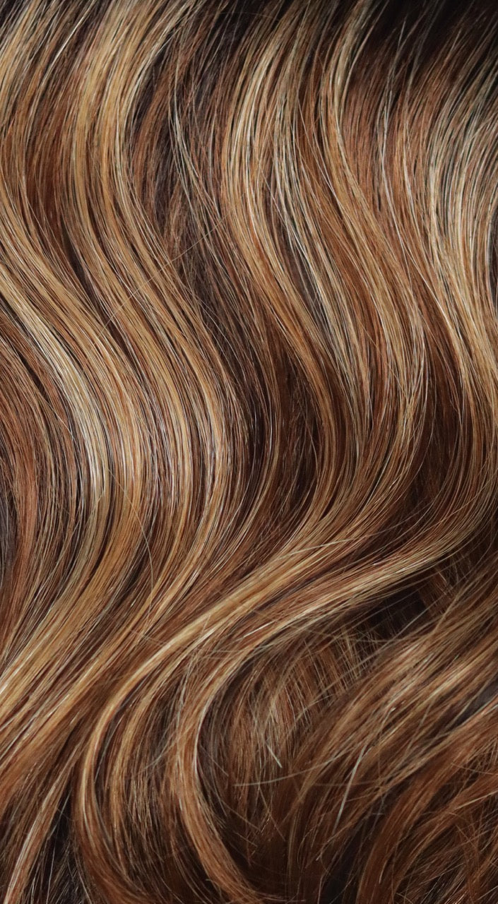 Chocolate Pretzel | Dark brown rooted and dark brown base with golden brown and blond highlights