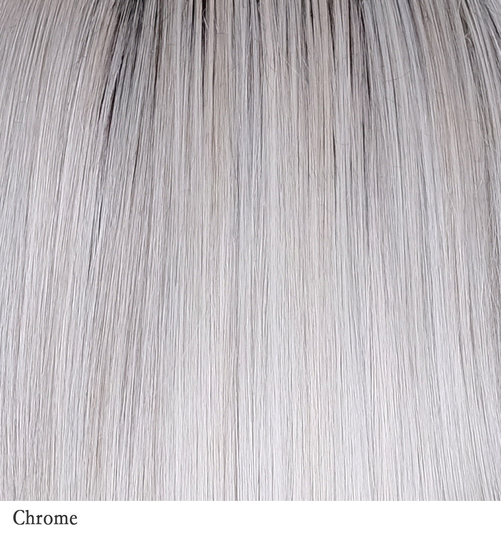 Chrome 4R/51/56/60 | Cappuccino brown root with gradual mixture of 30% gray, 10% gray, and white at the tip.