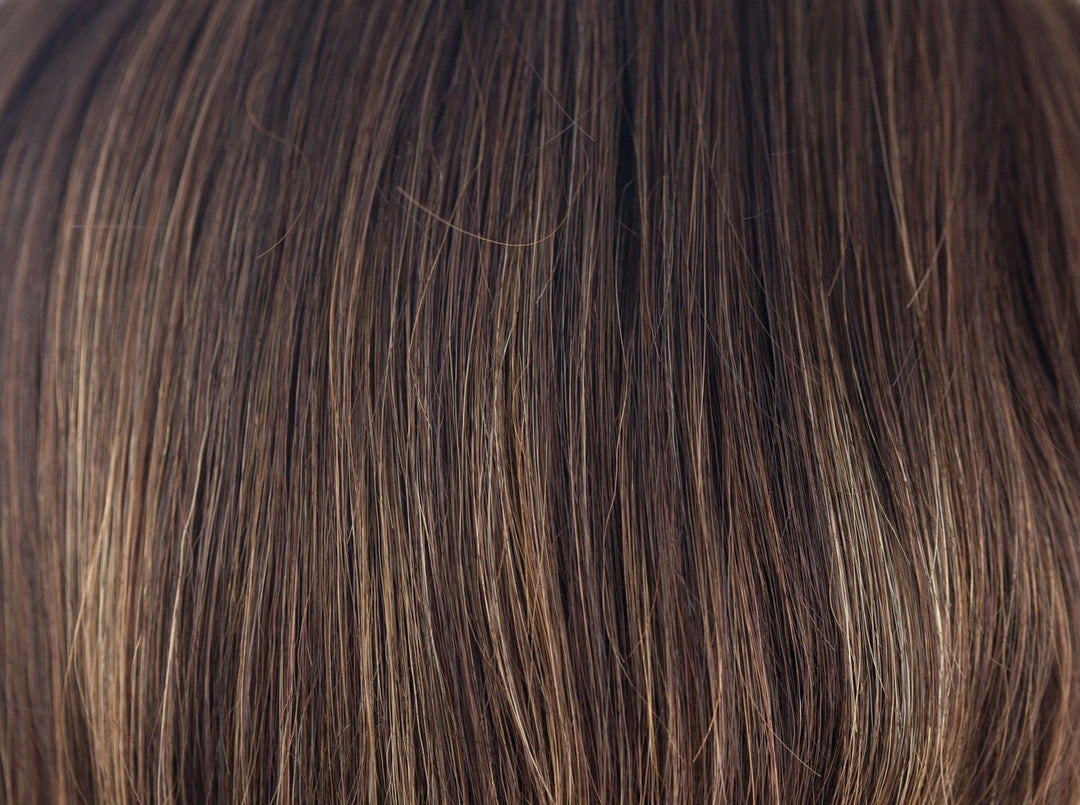 Coffee Latte-R | Dark Root, Dark Brown base with 50/50 of Med Choc Brn + Med Golden Blond | Root: Base: 6 HL: 27B and 10