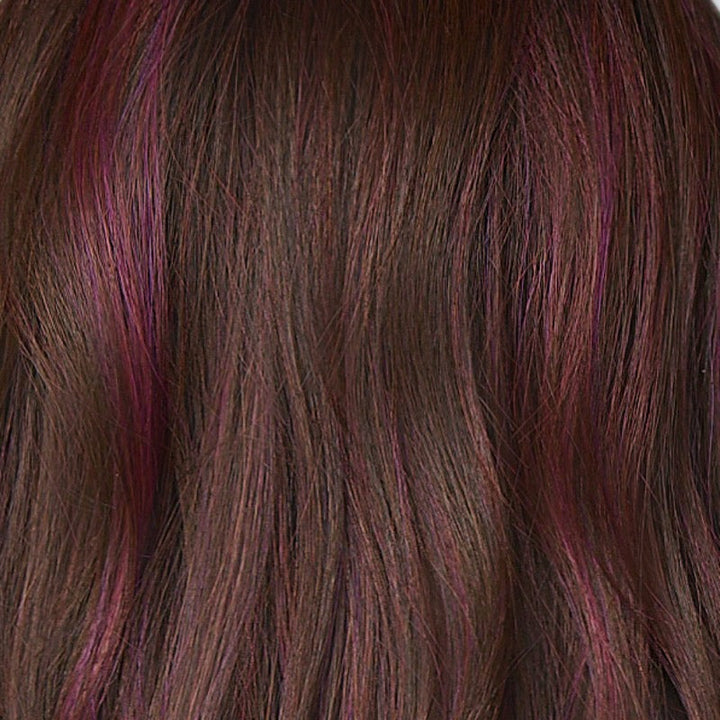 Deep Plum Brown-R | A rich blend of deep plum and dark brown tones, enhanced by a dark root that creates a bold and dramatic impression.