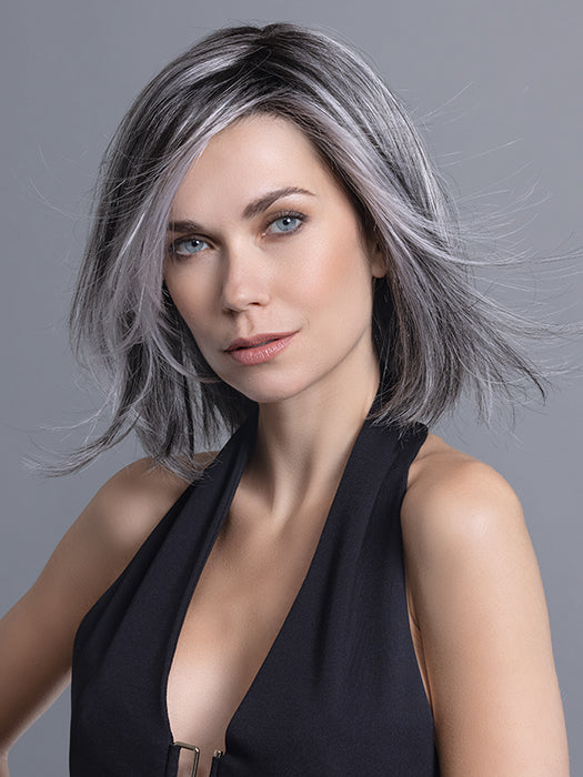 Salt/Pepper Rooted 39.44.60 | Darkest/Dark Brown and Pearl White blend and Grey Blend and Shaded Roots