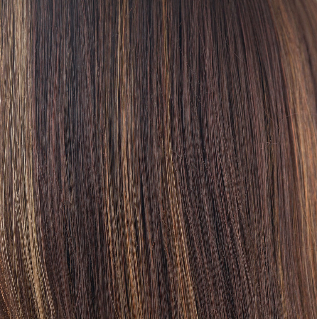 Java Frost | Dark Brown base with Gold Blonde and Light Auburn 50/50 blend highlights | Base: 6 HL: 29 and 27B