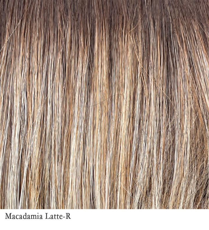 Macadamia Latte-R 6/12/22+8 | A combination of medium and light brown, highlighted with light gold blonde, and a mixture of ash blonde and light gold blonde, rooted with medium and light brown. It is a blend of golden blonde, honey blonde, natural medium blonde, and champagne blonde highlights.