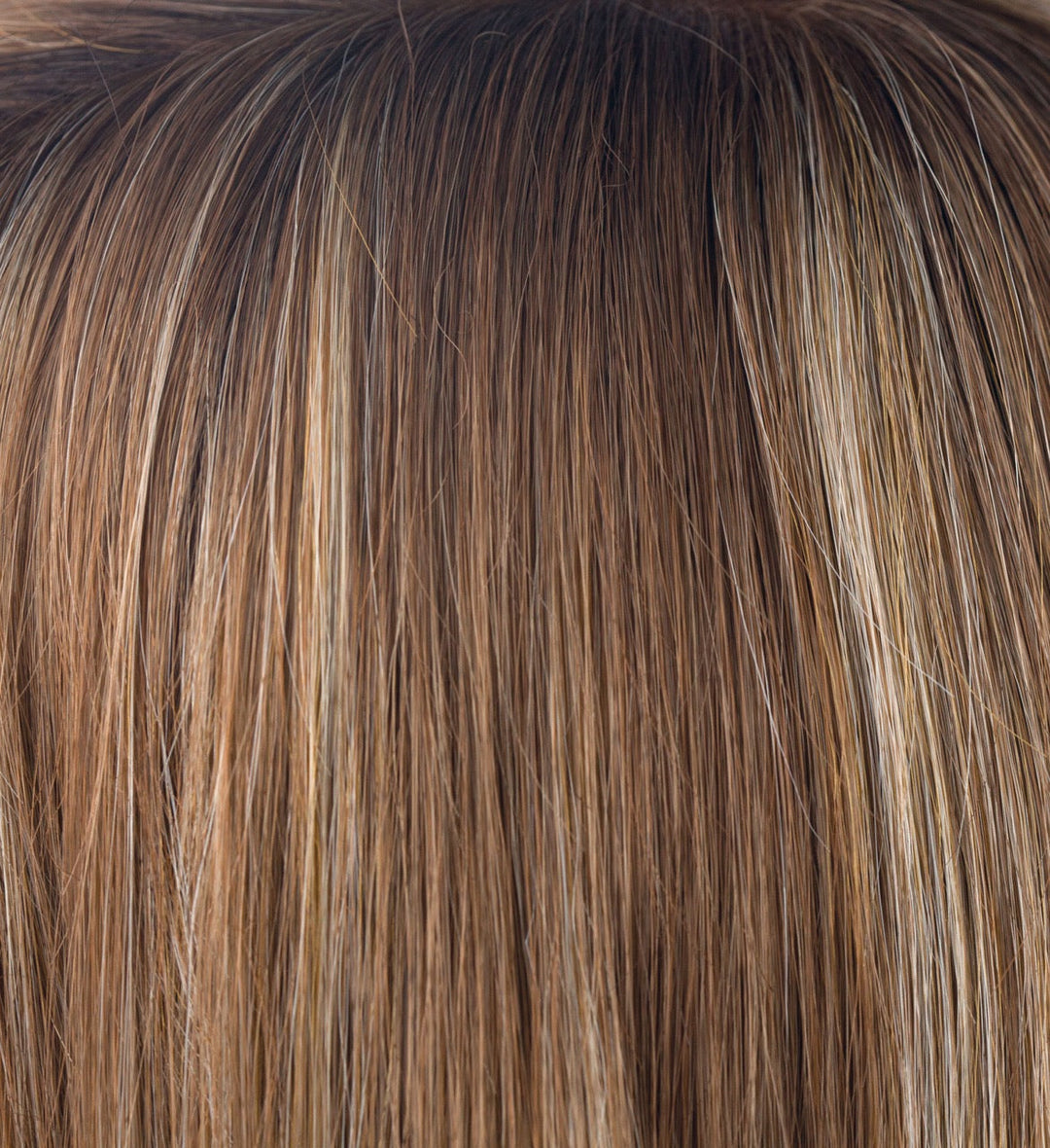 Maple Sugar-R | Rooted Dark with Light Honey Brown base with Strawberry Blonde highlights | Root: 10 Base: 30 HL: 613/27C