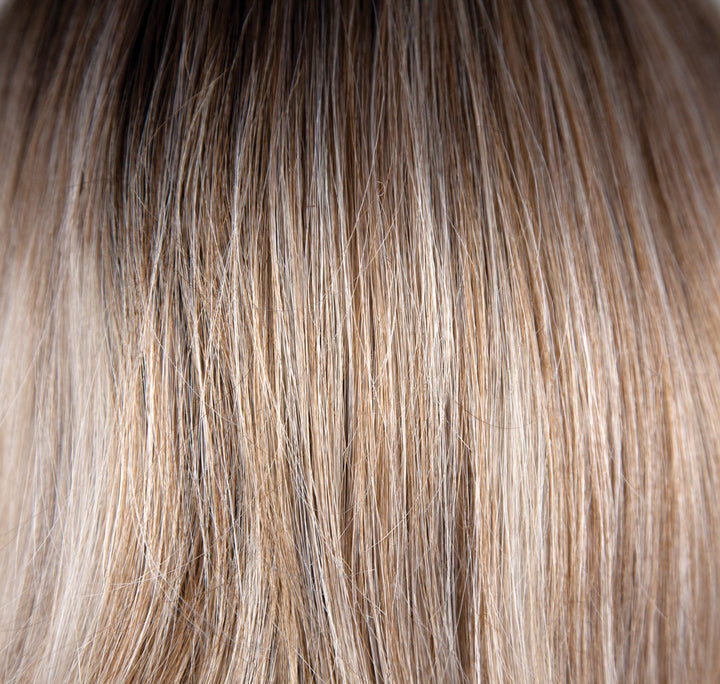 Melted Marshmallow-R | Dark rich brown root, soft medium blond at middle + cool light blond ends.