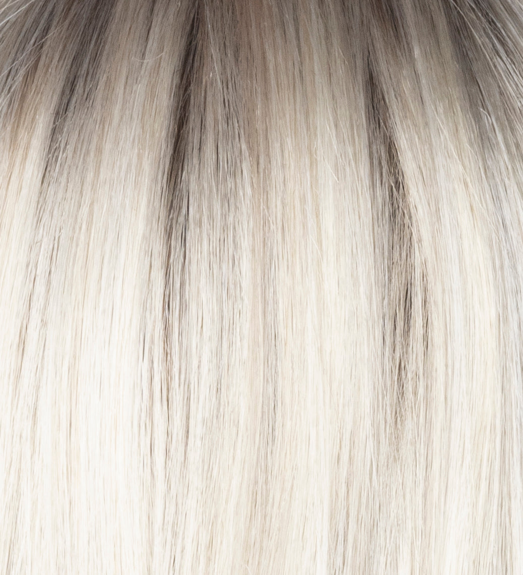 Milky Opal-R | A natural blend of platinum blond and beige blond + cool light brown shadow root, soft light brown at nape