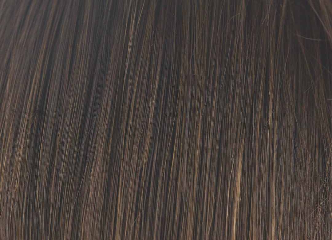 Mocha Brown | Soft, warm dark brown base with ashy light brown highlights. Sectional highlights at the face and nape