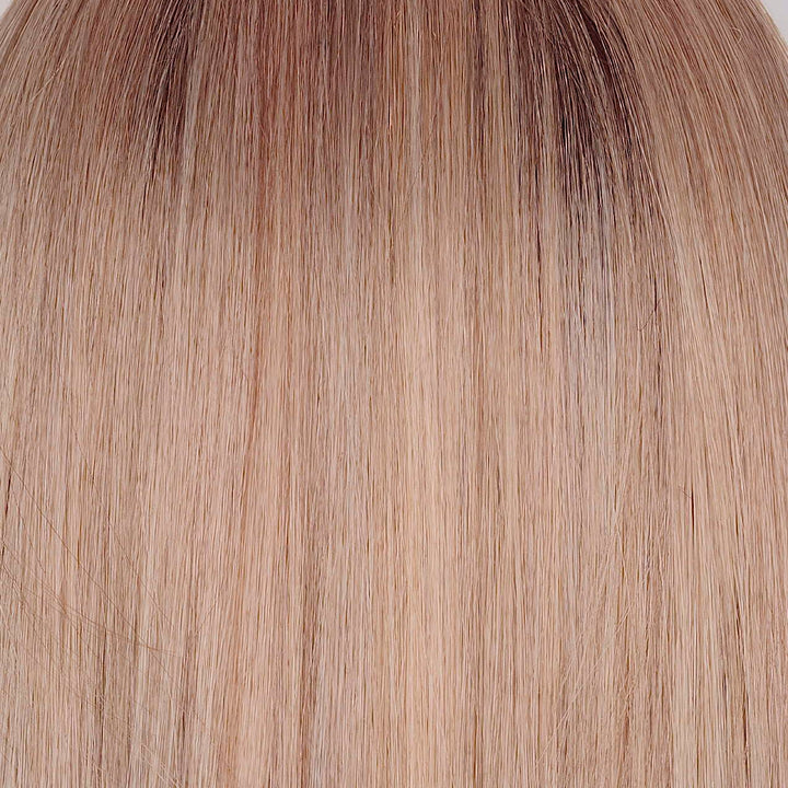 Mushroom Melange | Showcases a captivating mushroom blonde base accented by a mid-brown root. This intricate blend features multiple tones of mushroom, cream, and pale chocolate, seamlessly woven together for a rich and dynamic effect. The colors transition into softer mushroom shades and subtle steel blonde tones, creating a sophisticated gradient. This beautifully balanced combination offers a modern and stylish look that is both versatile and eye-catching.