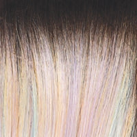 Pastel Rainbow-R | Silver/white base with pastel lavender, yellow and mint highlights + medium brown root