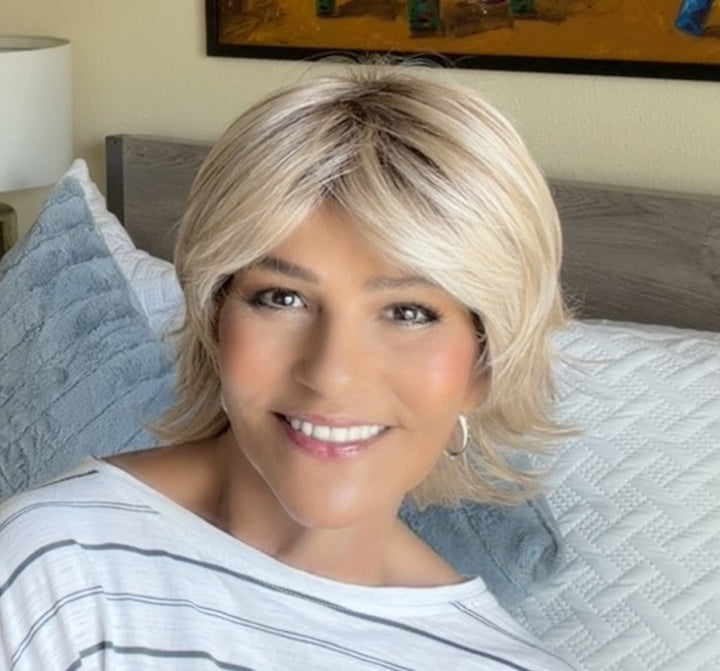 Marlene wearing Razor Cut Shag in Biscotti Blonde