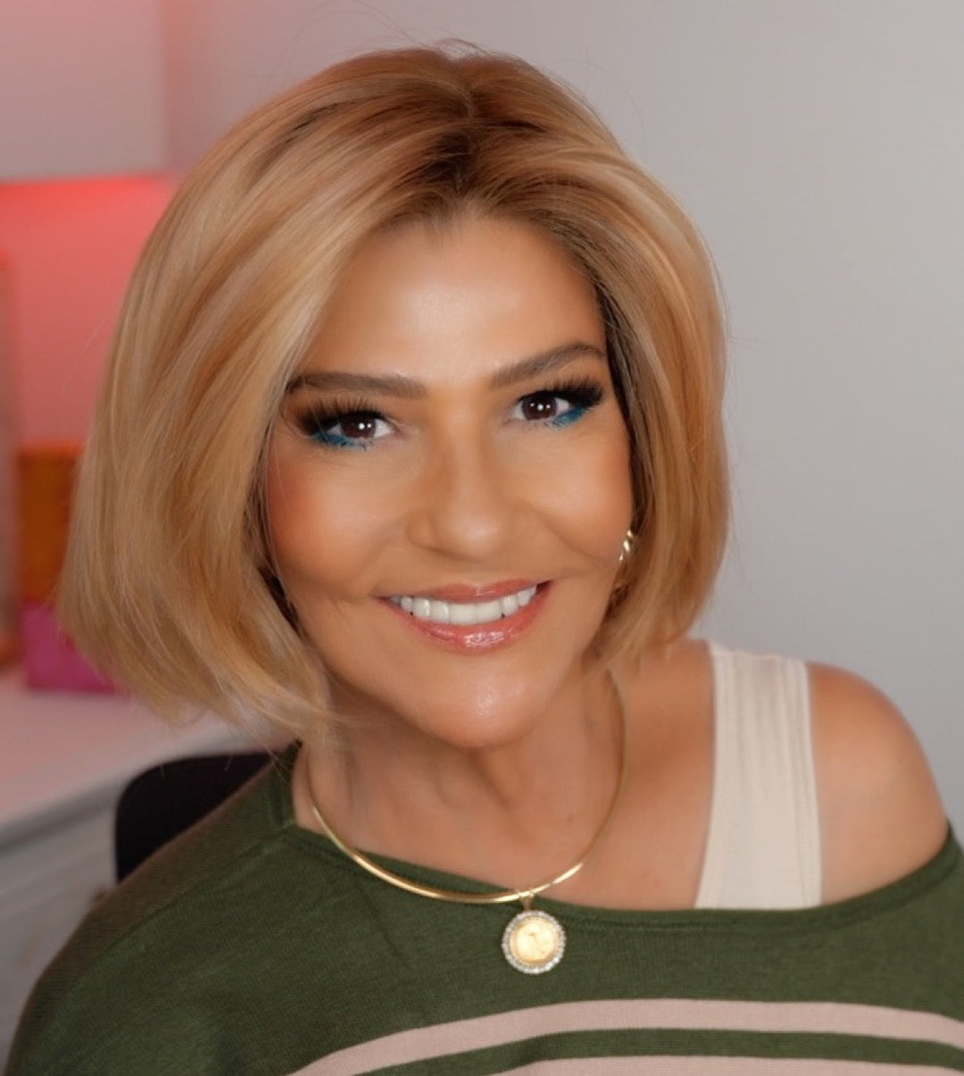 Marlene wearing Ready in Toffee Blonde Rooted