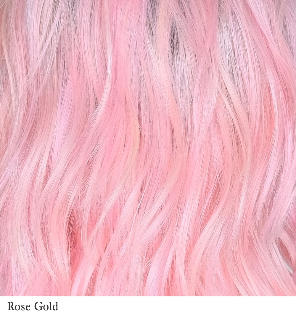 Rose Gold F1/60+12 | A beautiful shimmering blend of blondes, pink, with a soft light brown root, has been embraced by celebrities and mere mortals alike. The "Rose Gold" trend is here to stay, and BelleTresss' perfect mix of rose gold hair truly complements any skin tone.