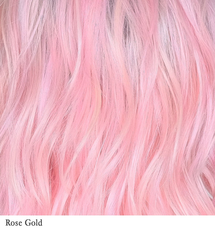 Rose Gold F1/60+12 | A beautiful shimmering blend of blondes, pink, with a soft light brown root, has been embraced by celebrities and mere mortals alike. The "Rose Gold" trend is here to stay, and BelleTresss' perfect mix of rose gold hair truly complements any skin tone.