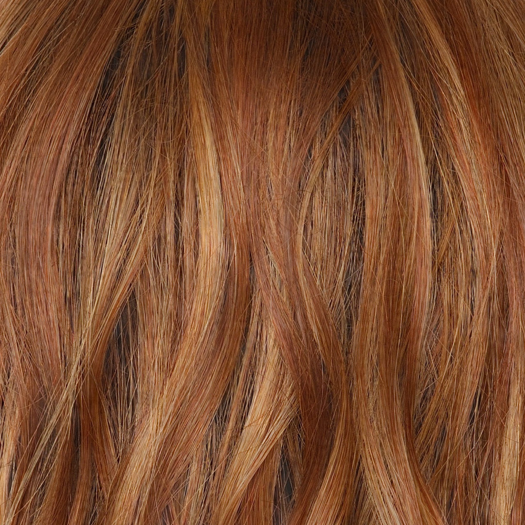 Rusty Sunrise-R | Merge of deep, earthy auburn tone with light copper blond highlights. The dark brown root offers a balance of depth and complements various skin tones.