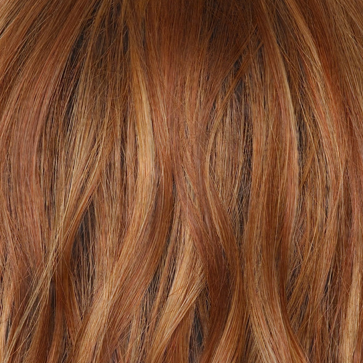 Rusty Sunrise-R | Merge of deep, earthy auburn tone with light copper blond highlights. The dark brown root offers a balance of depth and complements various skin tones.