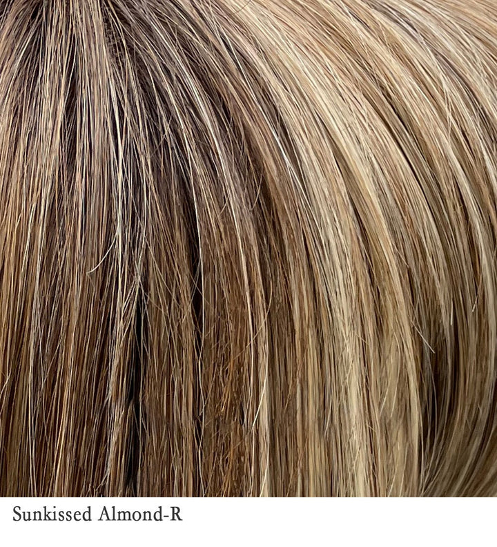 Sunkissed Almond-R 4/27/613+8 | A combination of medium and light brown, highlighted with light gold blonde, and hint of cooler blonde, rooted with medium and light brown.