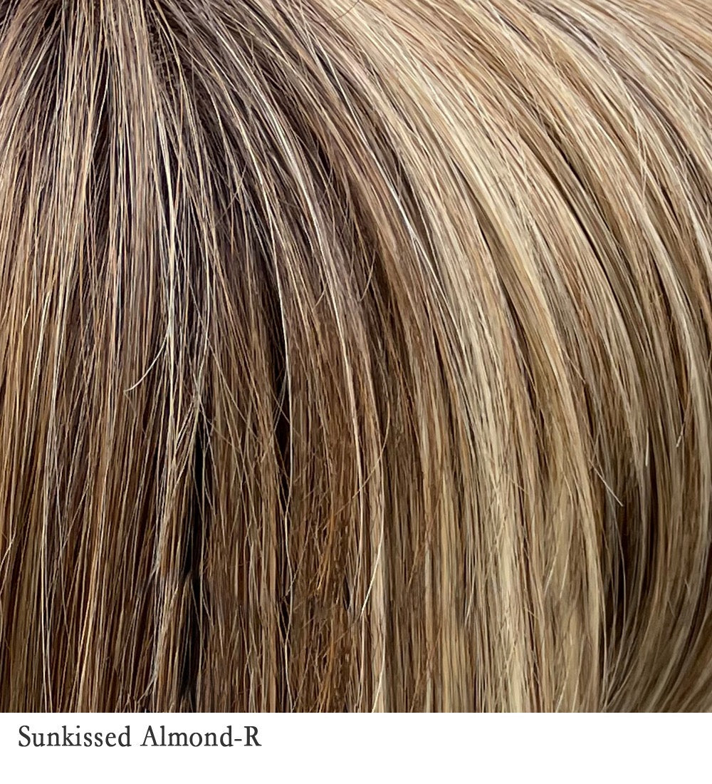 Sunkissed Almond-R 4/27/613+8 | A combination of medium and light brown, highlighted with light gold blonde, and hint of cooler blonde, rooted with medium and light brown.