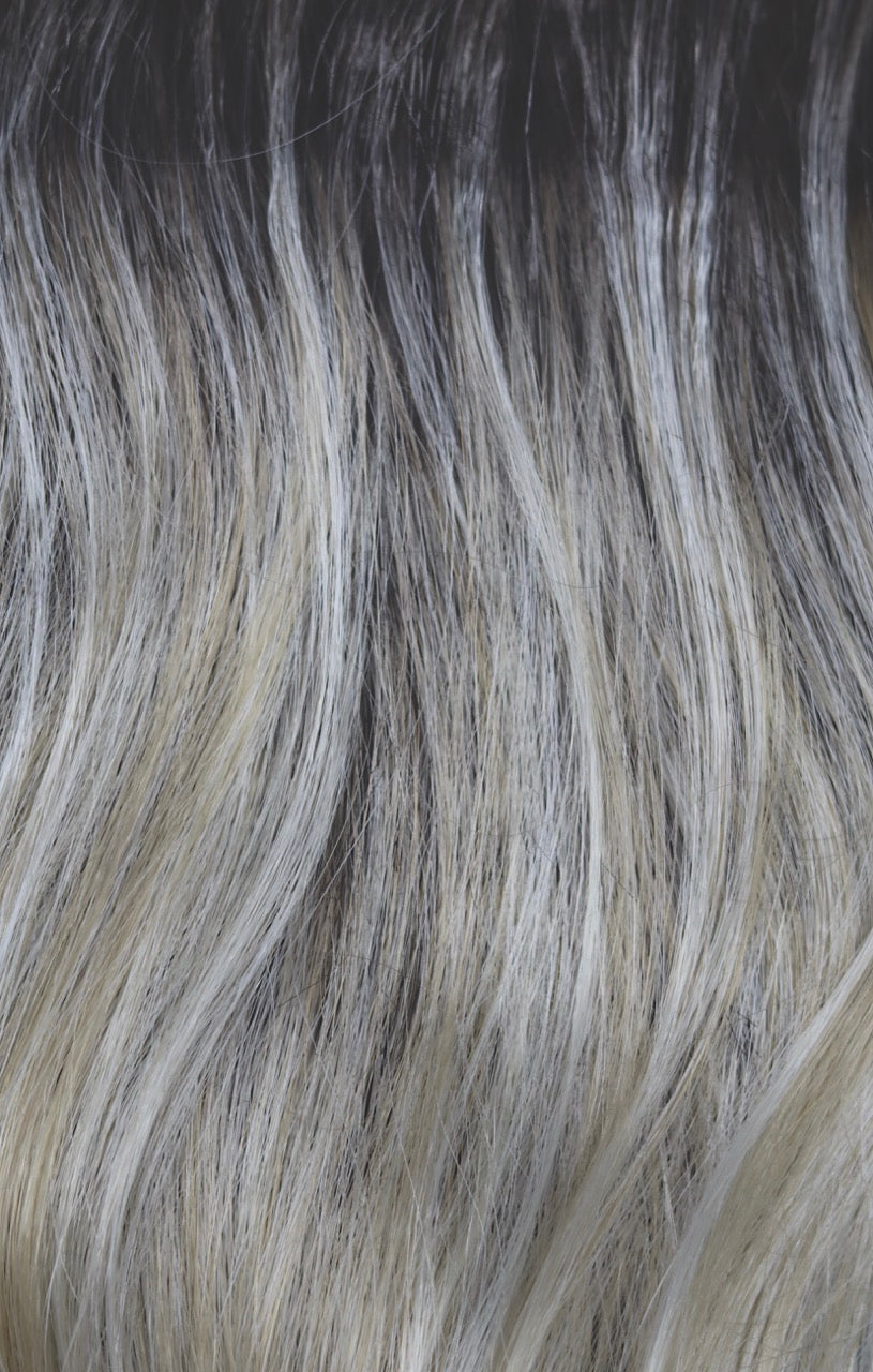 Shadowed Custard | Ashy brown root with blend of platinum blond and light honey blond highlights