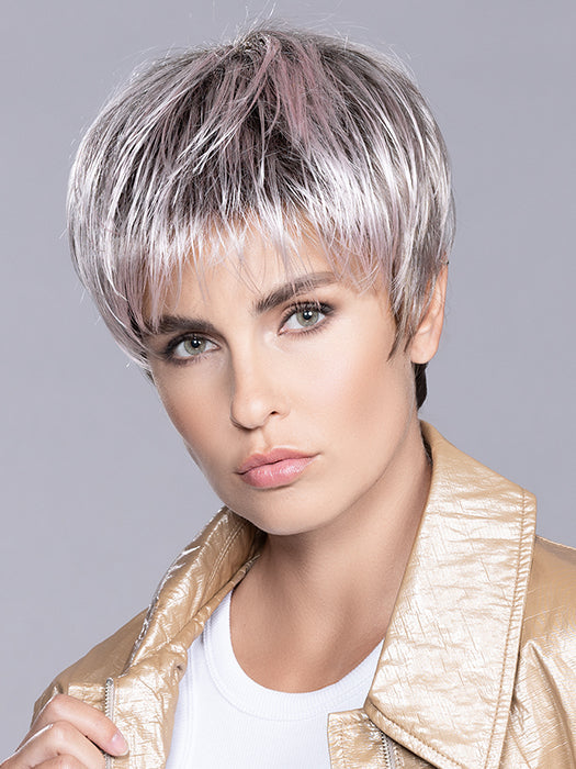 Metallic Rose Rooted | Pearl Platinum and Pure White with Darkest Brown and Rose Pink Blended throughout with Shaded Roots