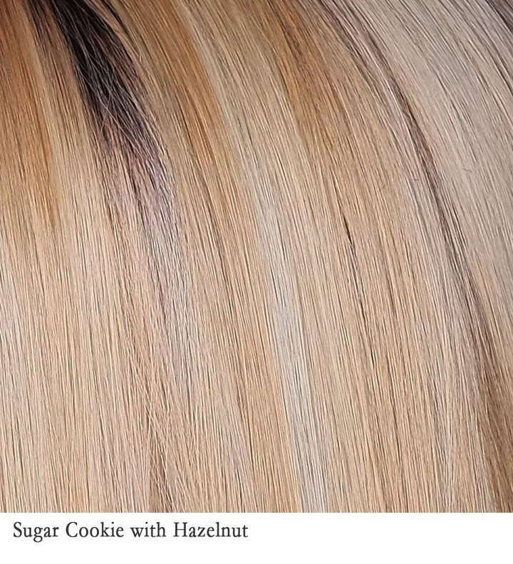 Sugar Cookie with Hazelnut 6R/144/88B | Rich dark chocolate root with a blend of golden blonde, honey blonde, natural medium blonde, and pure blonde highlights.