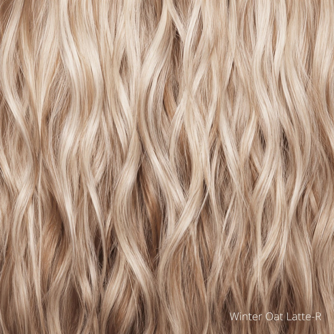 Winter Oat Latte-R | A rooted honey blonde and platinum blonde blend with soft, dimensional highlights and lowlights. Lighter, sun-kissed face-framing pieces and ends give this shade a natural, multi-tonal finish.