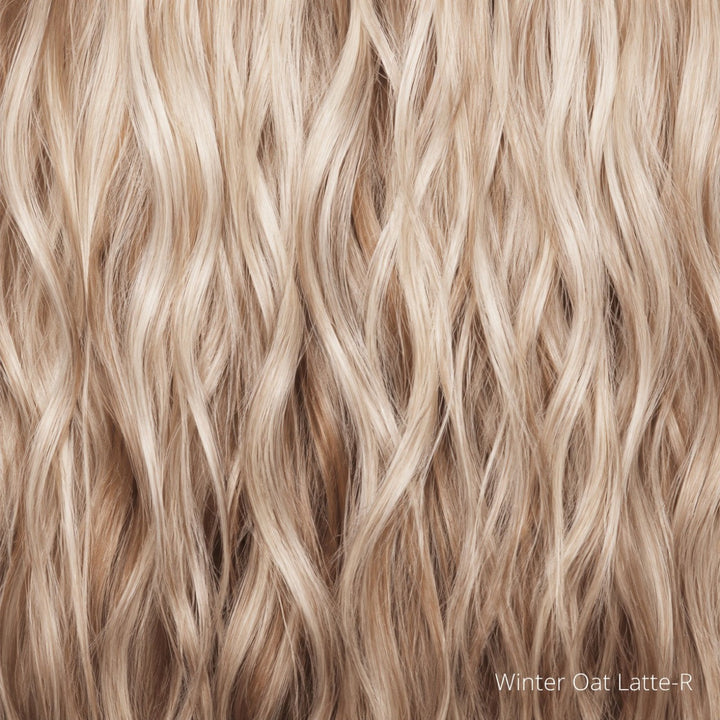 Winter Oat Latte-R | A rooted honey blonde and platinum blonde blend with soft, dimensional highlights and lowlights. Lighter, sun-kissed face-framing pieces and ends give this shade a natural, multi-tonal finish.