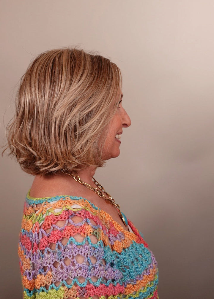 Frannie wearing Alicante in Macadamia Latte-R