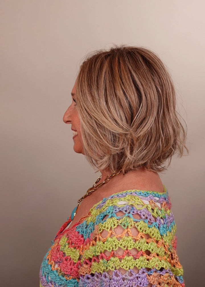 Frannie wearing Alicante in Macadamia Latte-R