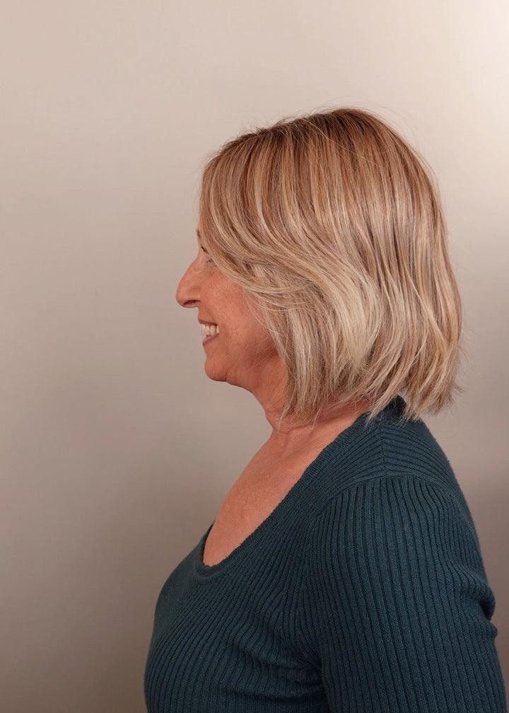 Frannie wearing Madison in Raw Sugar Blonde-R