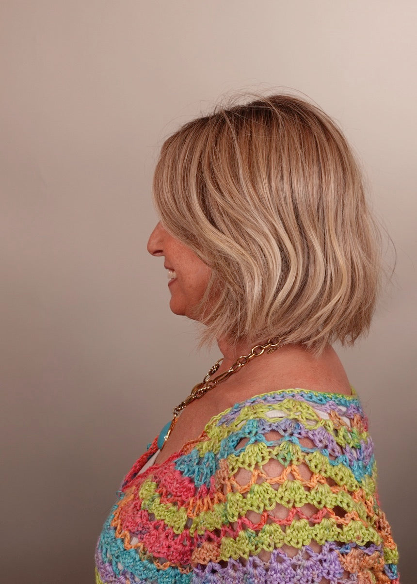 Frannie wearing Madison in Raw Sugar Blonde-R