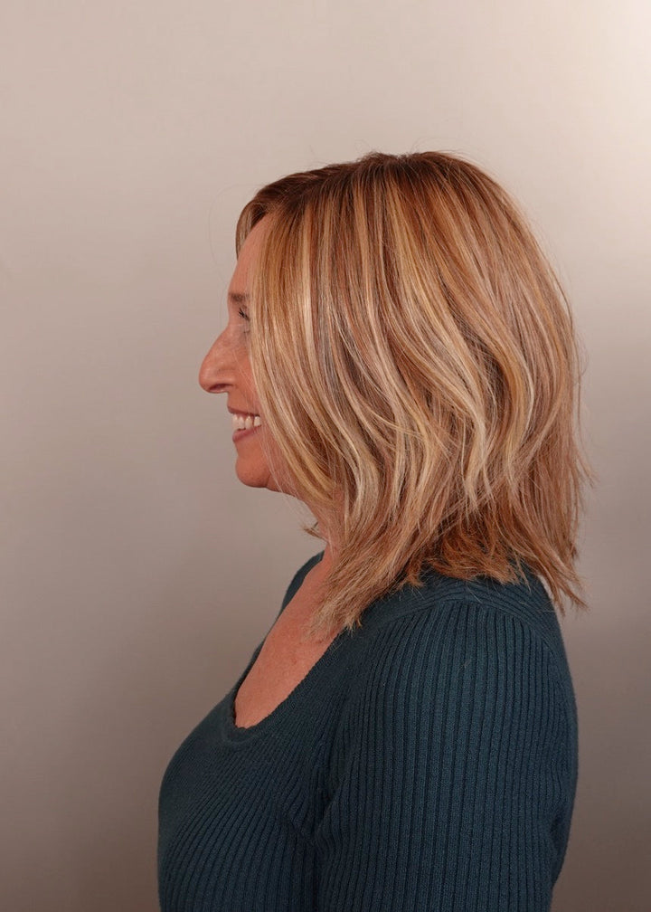 Frannie wearing Park Ave in Caramel Blonde-R