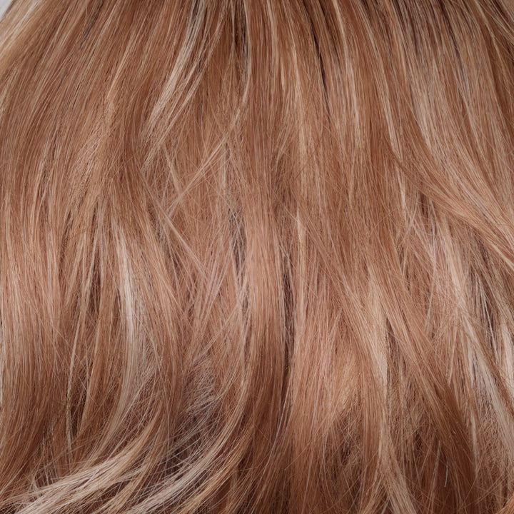 Cinnamon Frost-R | Warm, medium coppery-brown base with white-blond highlights. The medium brown root color adds a realistic vibe.