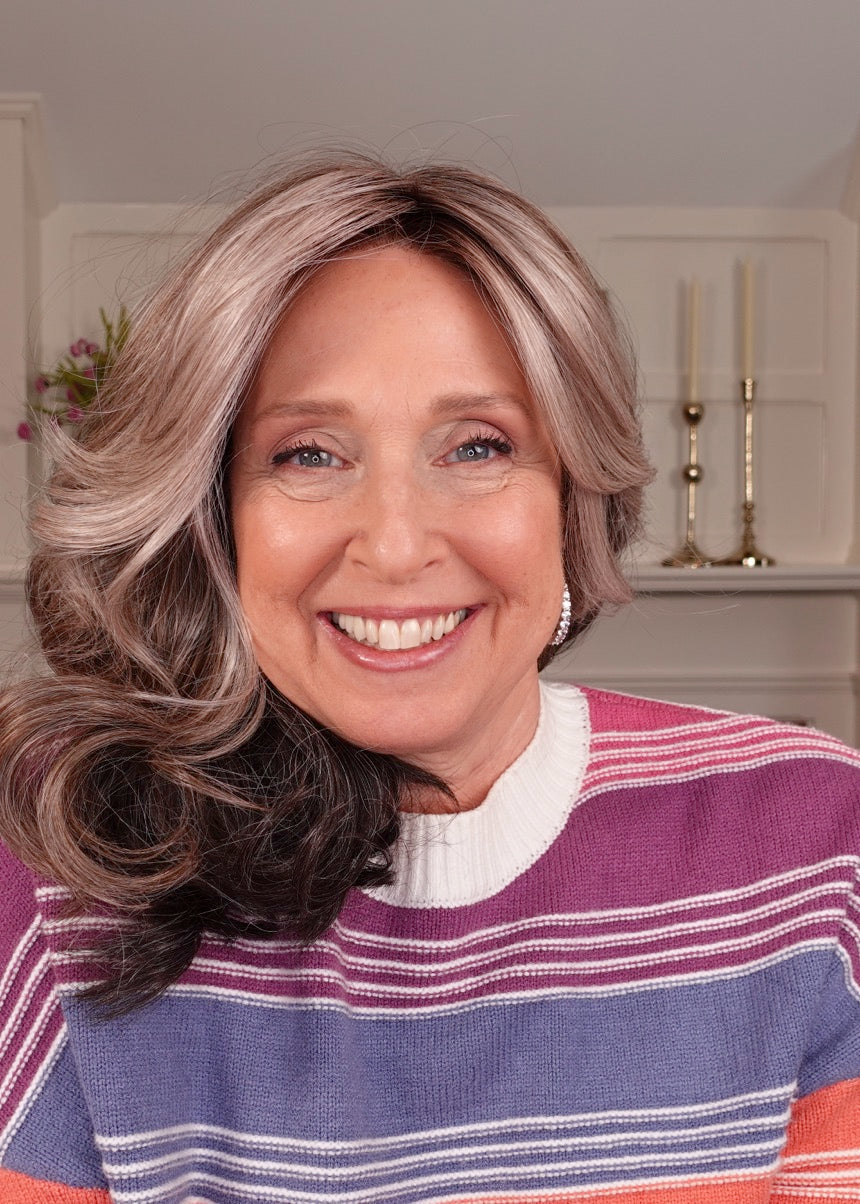 Frannie wearing Million Dollar Babe in 52/38/49/R8 Smoky Toffee