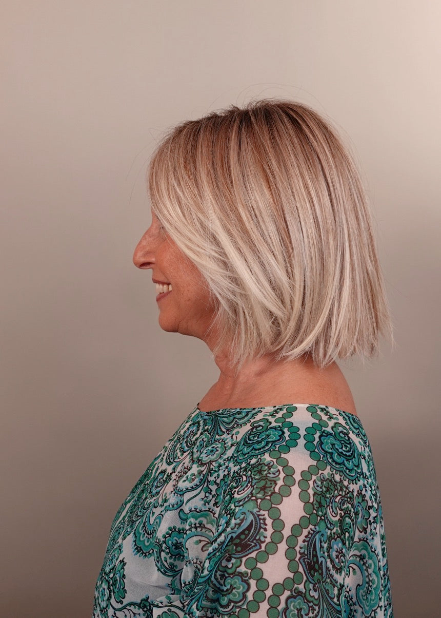 Frannie wearing Ready in Pearl Blonde Rooted