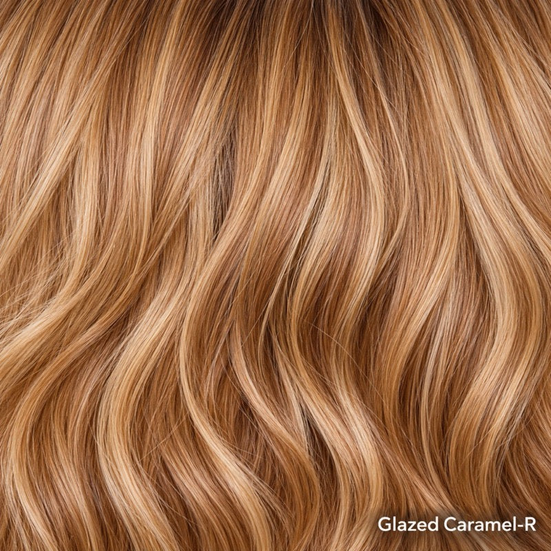 Glazed Caramel-R | Rich warm brown and dark blonde tones are paired with naturally placed ashy highlights, creating beautiful dimension and movement. Dark root adds depth for a polished, salon-fresh finish with a modern edge.