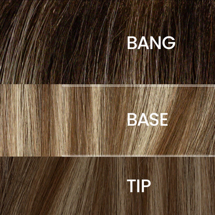 12/22/27/25/R8 Honey Caramel Cascade | Dark blonde Platinum Blonde pale Auburn and Medium Golden Blonde blend with Root